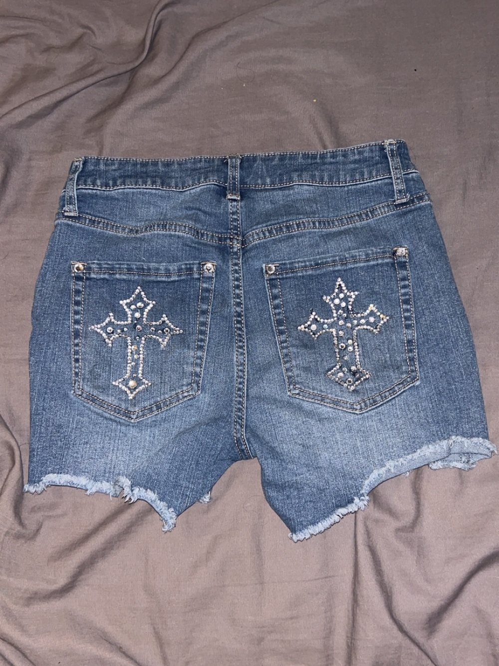 No Boundaries Blue Denim Shorts with Studded Cross Back Pockets